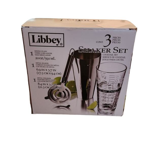 New Libbey Bartender Shaker Set 3 Piece Mixing Glass Strainer Drink Recipes - Picture 3 of 13